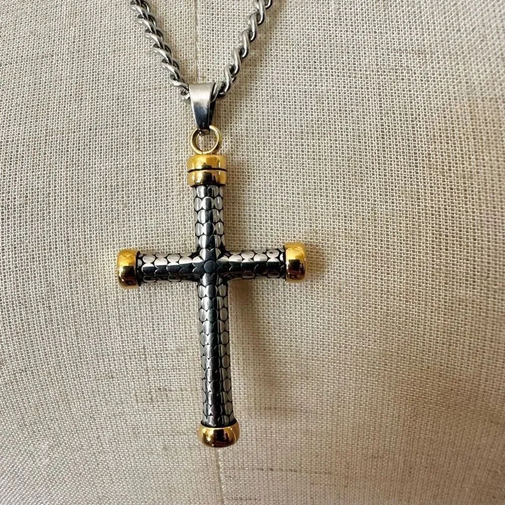 Gold tone stainless steel cross pendant necklace
